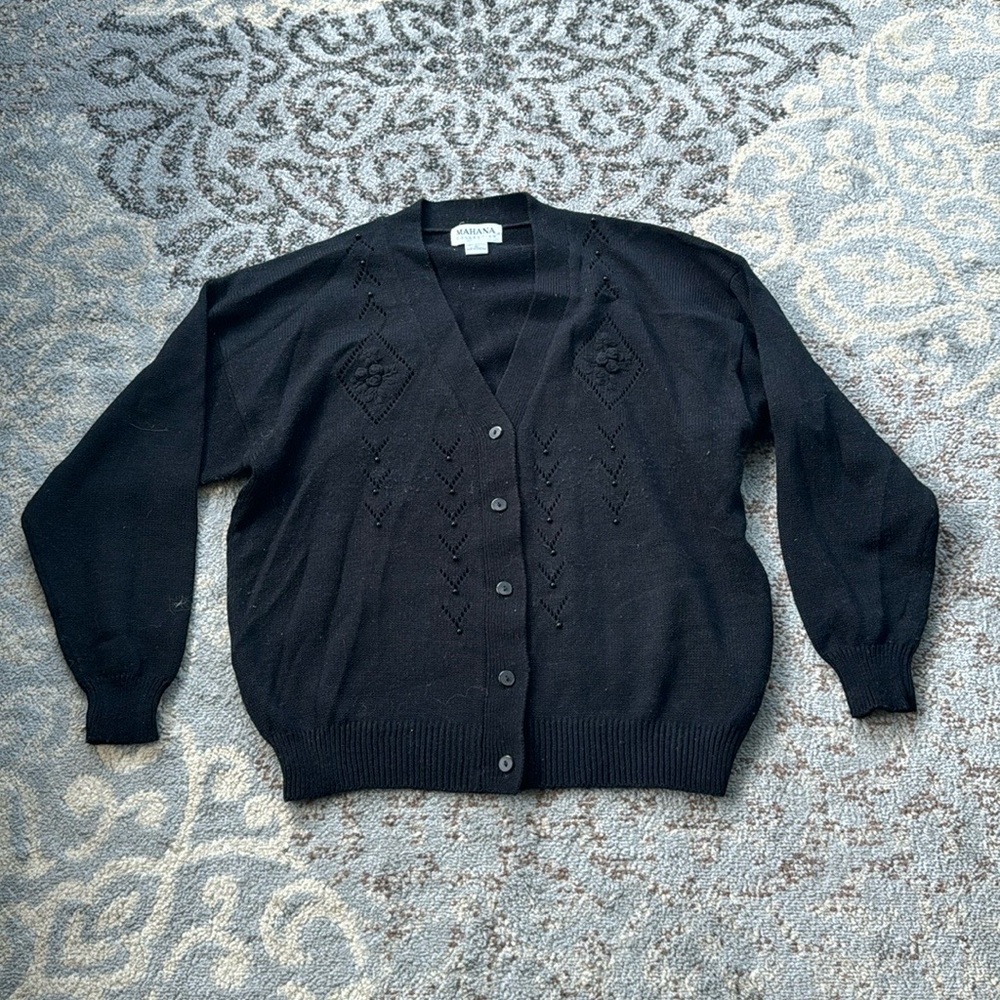 Vintage Mahana Collection Knit Button Down Sweater Black XL